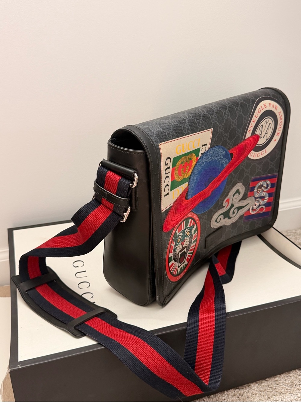 Gucci Black Canvas Messenger Bag with Red & Navy Webbing and Multicolor Patches